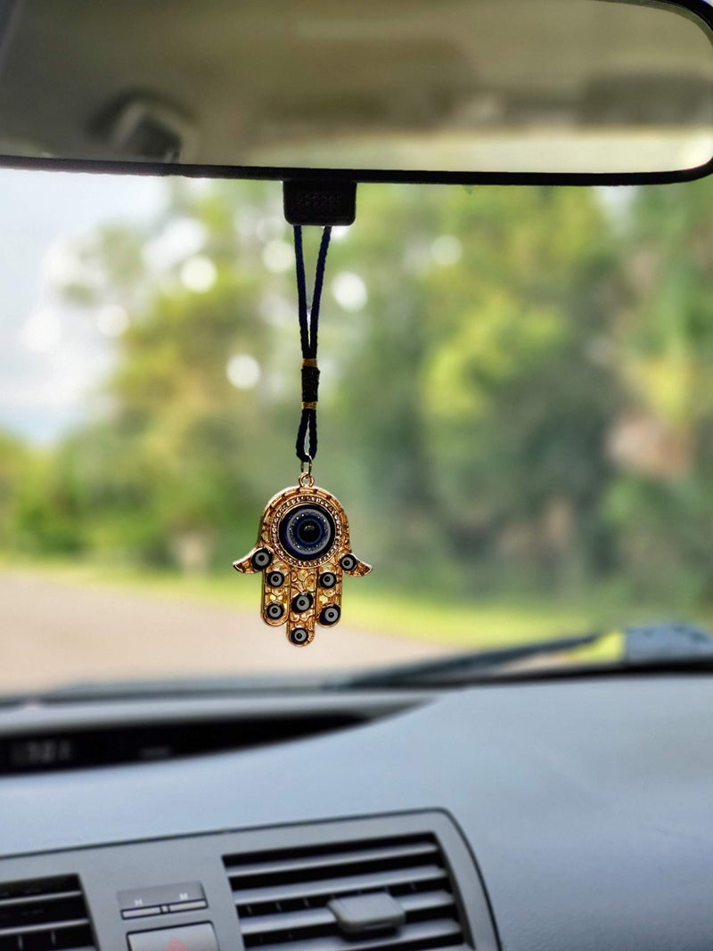 LUCKBOOSTIUM Hamsa Hand Amulet Pendant with Blue, White & Black Crystal Rhinestones & Evil Eye - Car Hanging Ornament, Rearview Mirror Accessories, Evil Eye Protection, Bag Charm, Gold Tassel - Image 4